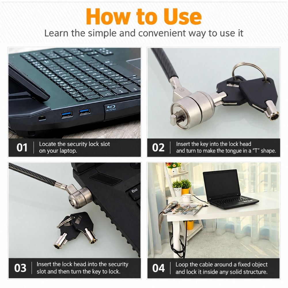 頑丈なスチール製ロック、ノートパソコン用ケーブルロック、T溝 - Laptop Lock Cable のレビューと価格